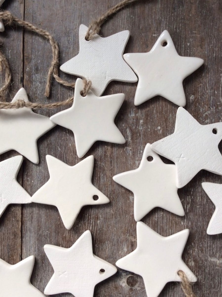 Handmade ceramic white star ornament, gift tags, decorations, wedding, favours, 