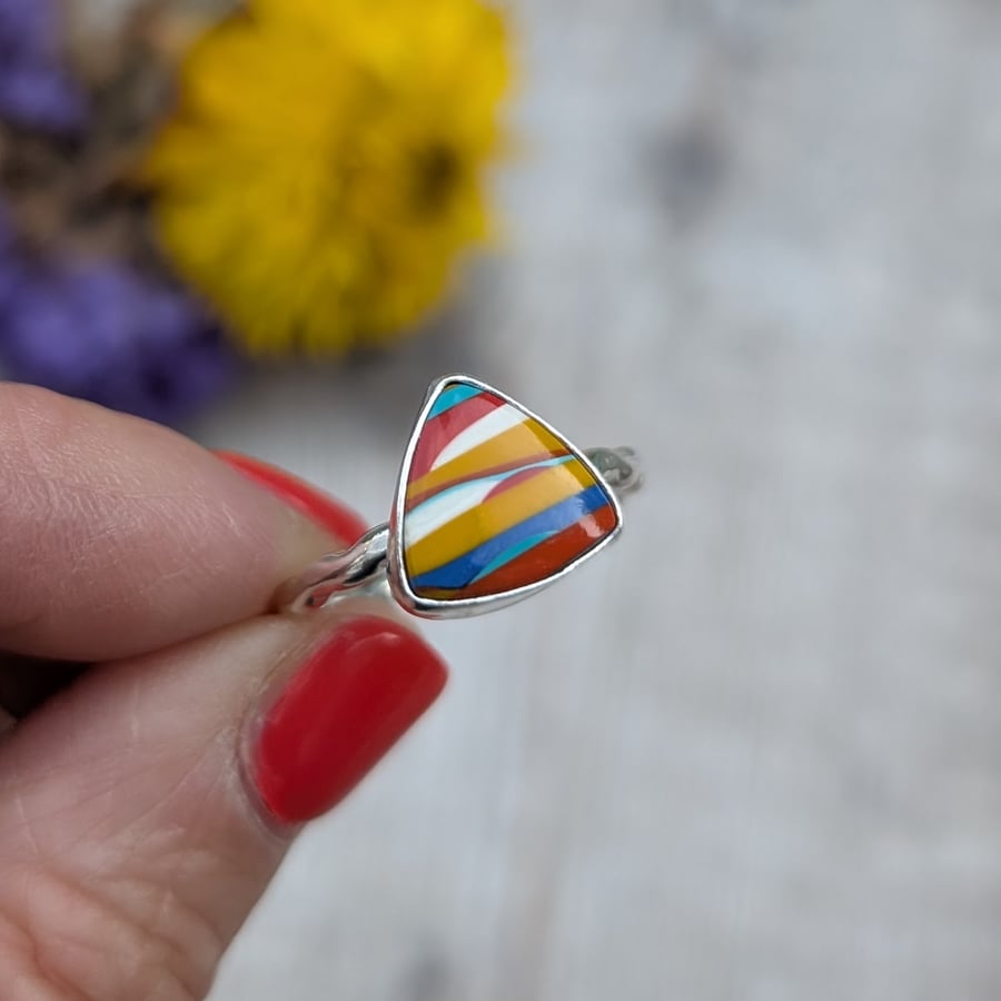 Colourful Triangle Surfite Ring – Recycled Sterling Silver – UK Size O