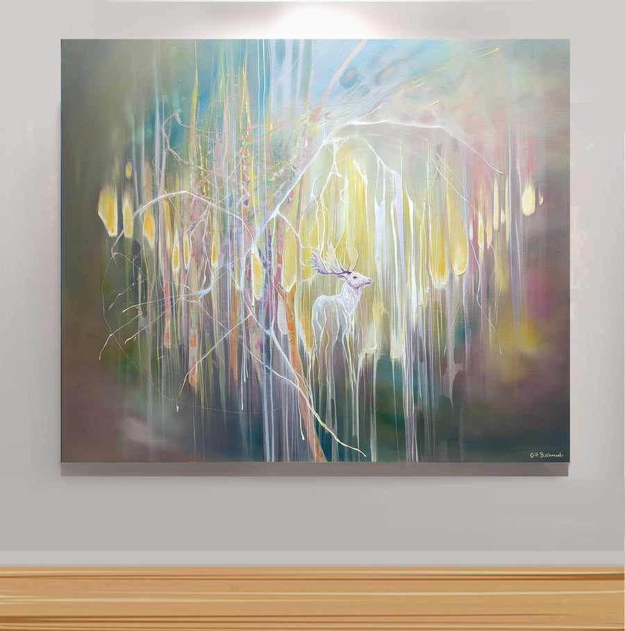 White Hart Appearing - a white stag appearing in a forest abstract