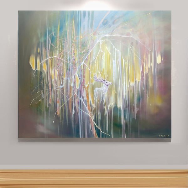 White Hart Appearing - a white stag appearing in a forest abstract