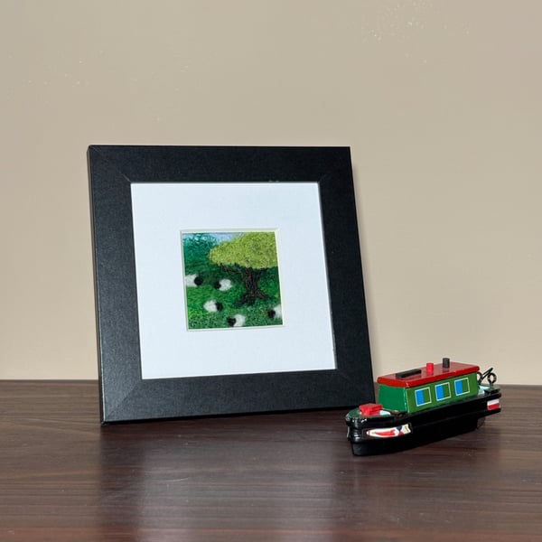 Sheep grazing, Textile picture, needle felted, wool and silk, 4"x4" framed