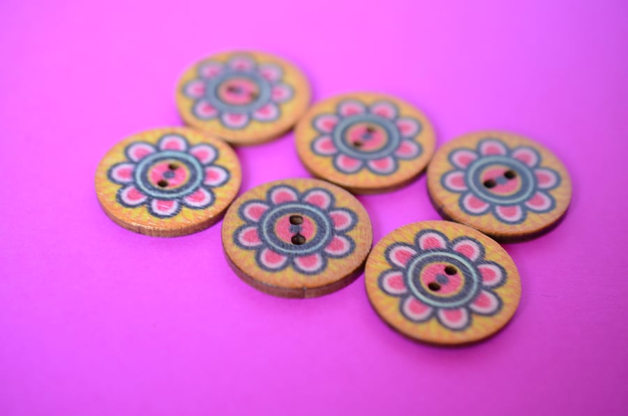 Wooden Mandala Patterned Buttons Orange Pink Retro Flower 6pk 25mm (M15)