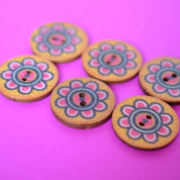 Wooden Mandala Patterned Buttons Orange Pink Retro Flower 6pk 25mm (M15)