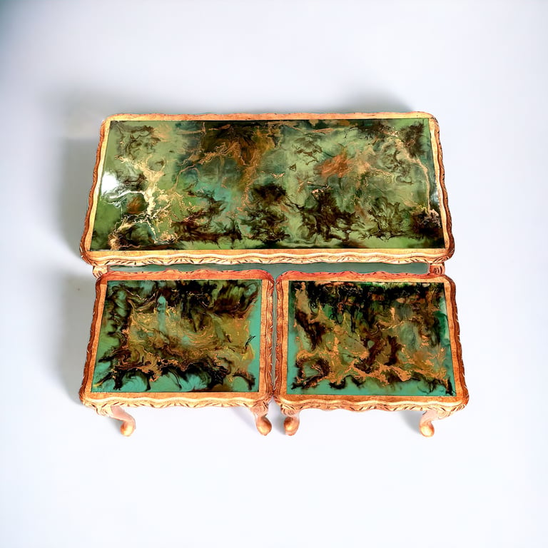 Queen Anne Nest of tables-Hand Gilded Copper Leaf with Resin Art Tops