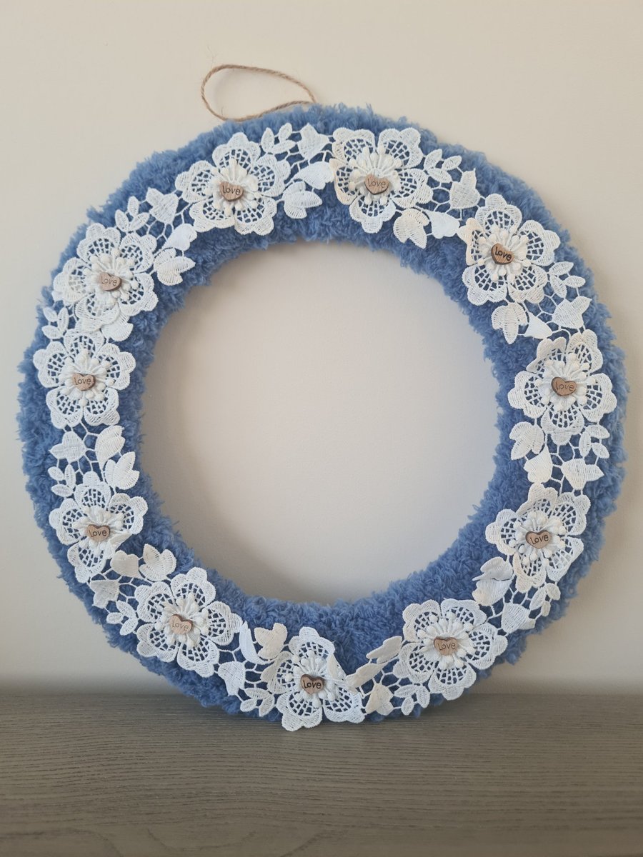 Handmade Blue Yarn Wreath,White Lace Flowers And Wooden Love Hearts,Shabby Chic
