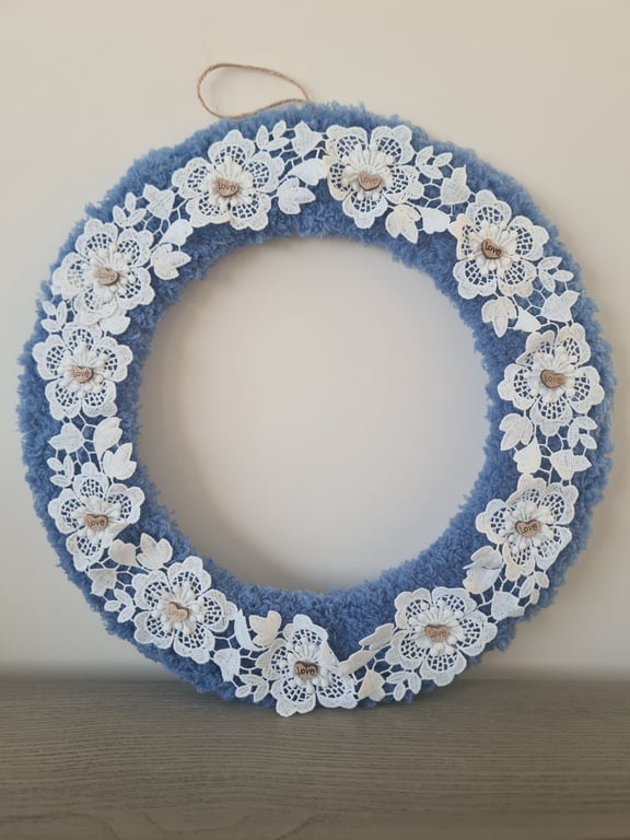 Handmade Blue Yarn Wreath,White Lace Flowers And Wooden Love Hearts,Shabby Chic