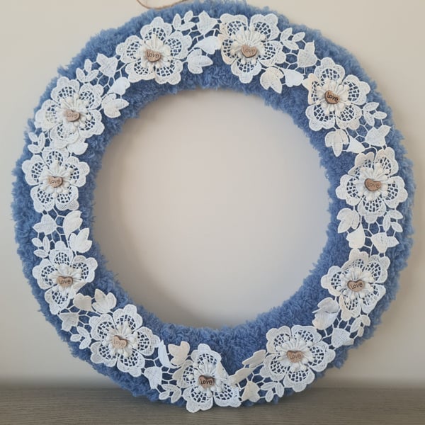 Handmade Blue Yarn Wreath,White Lace Flowers And Wooden Love Hearts,Shabby Chic
