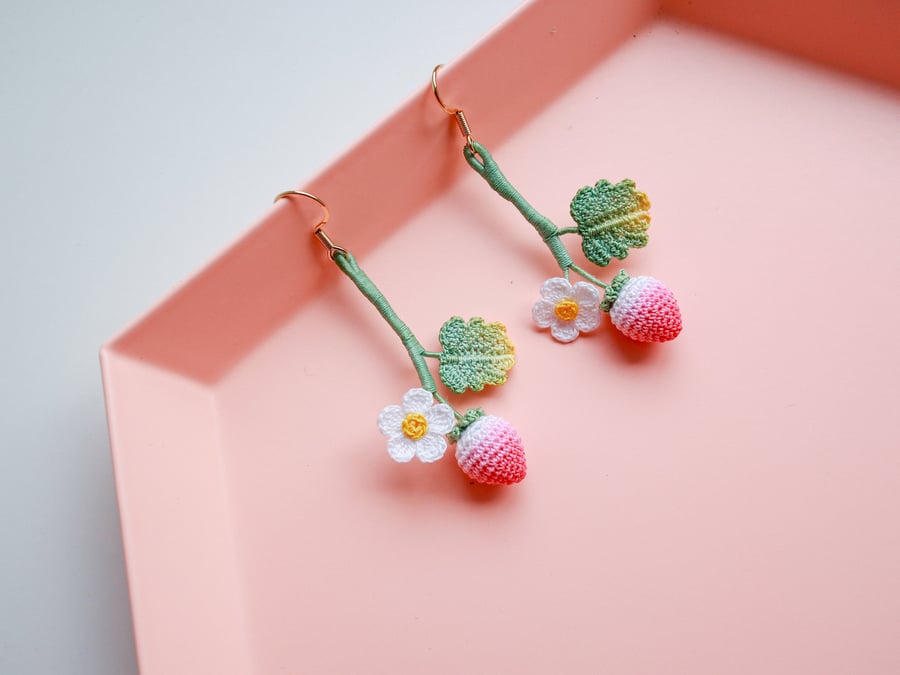 Sweet strawberry, flower and leaf dangle earrings, garden-inspired earrings