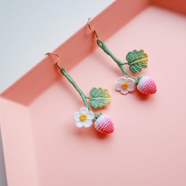 Sweet strawberry, flower and leaf dangle earrings, garden-inspired earrings