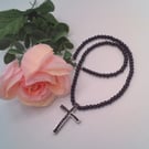 Black Crystal Cross Pendant on a Black Beaded Necklace, Black Necklace