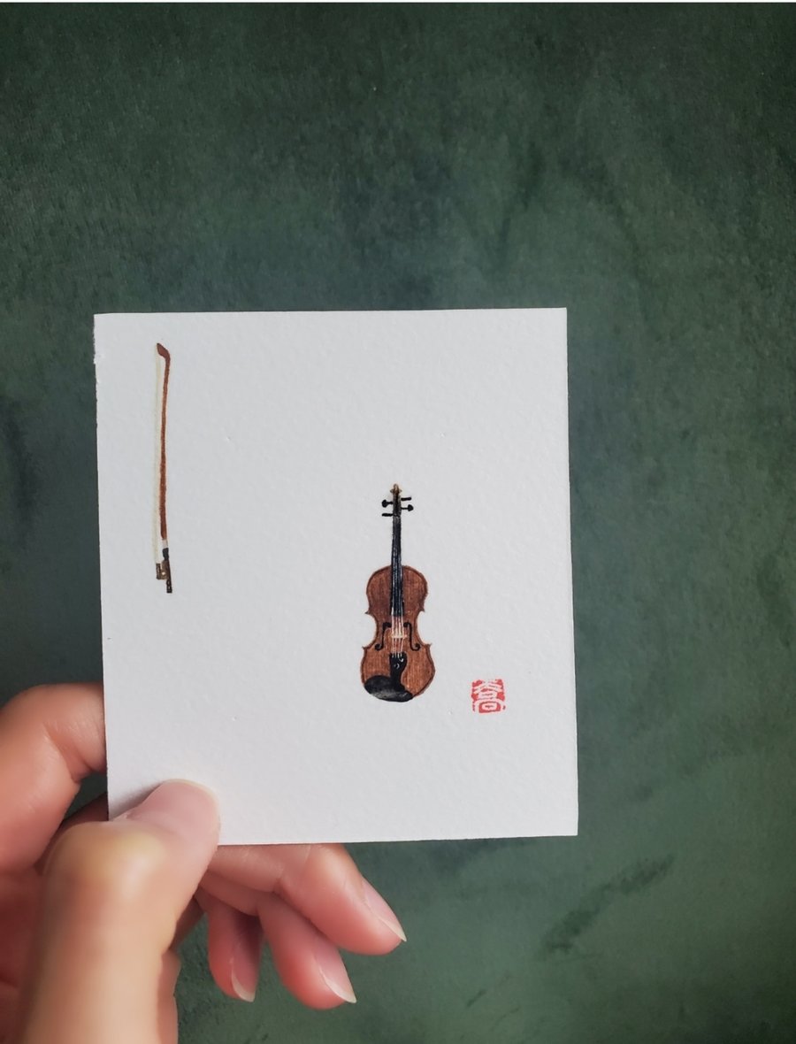 Hiding the violin bow - original watercolor
