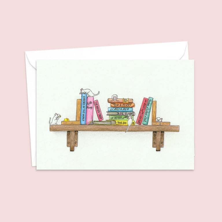 Cute Mice Greeting Card: Cute Mice on a Book Shelf Birthday Card (205)