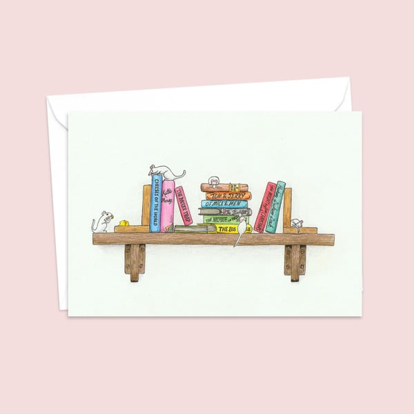 Cute Mice Greeting Card: Cute Mice on a Book Shelf Birthday Card (205)