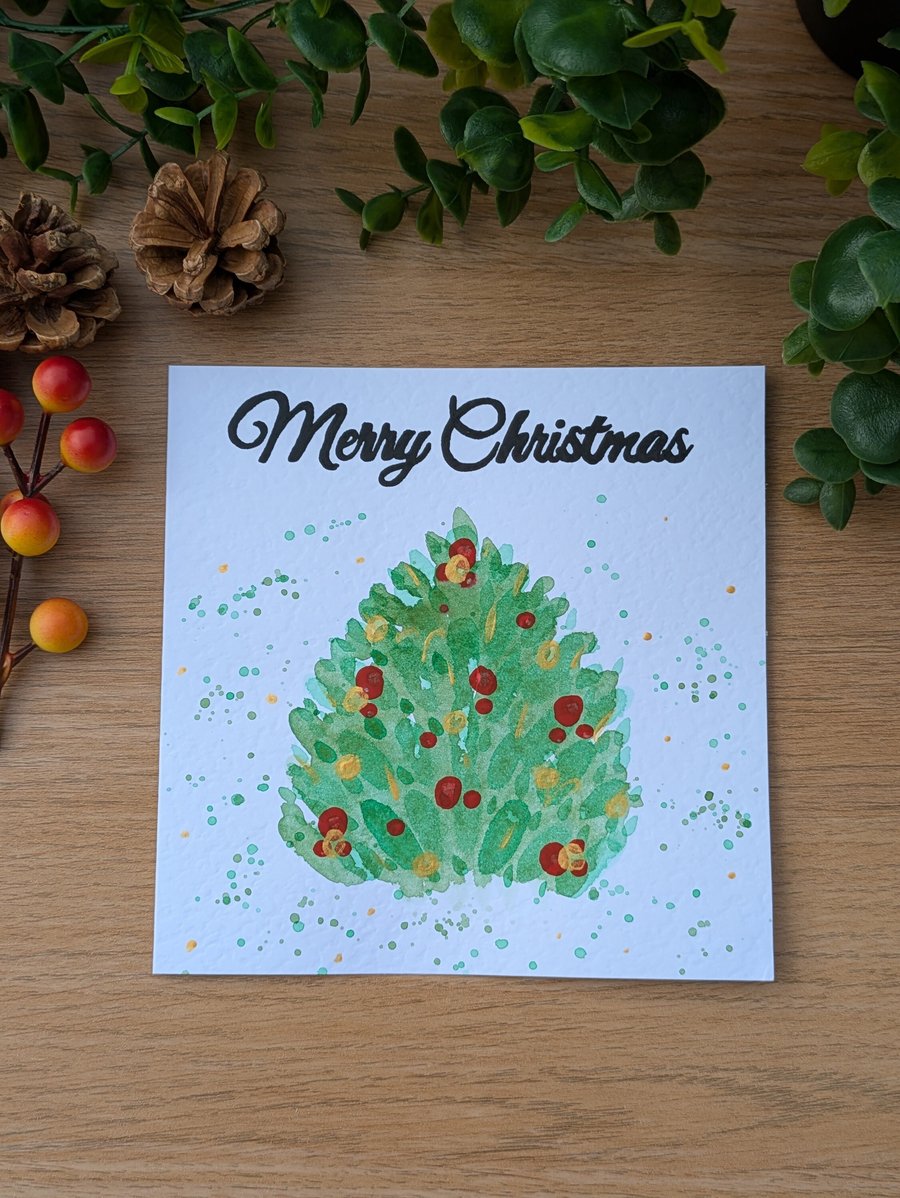 Hand painted and lettered watercolour Merry Christmas Tree Christmas Card.