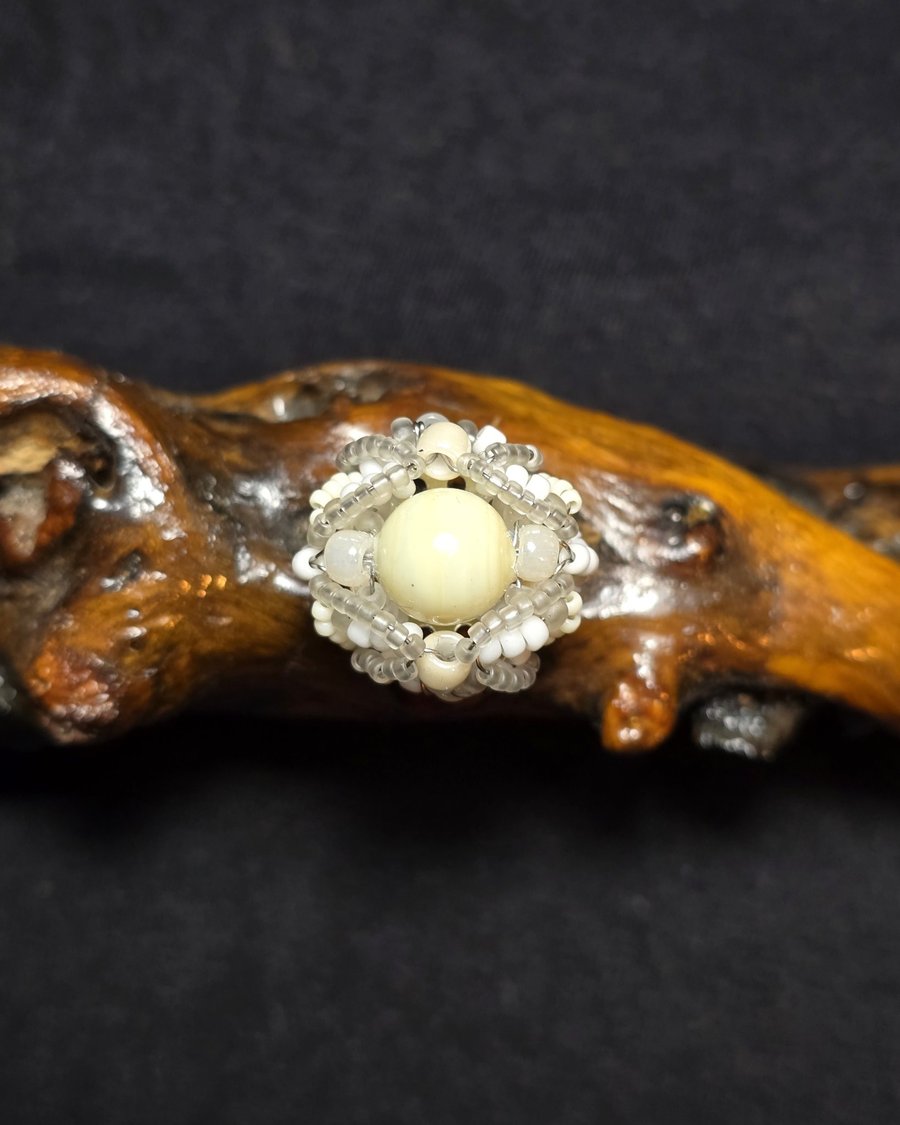 White Glass Adjustable Ring