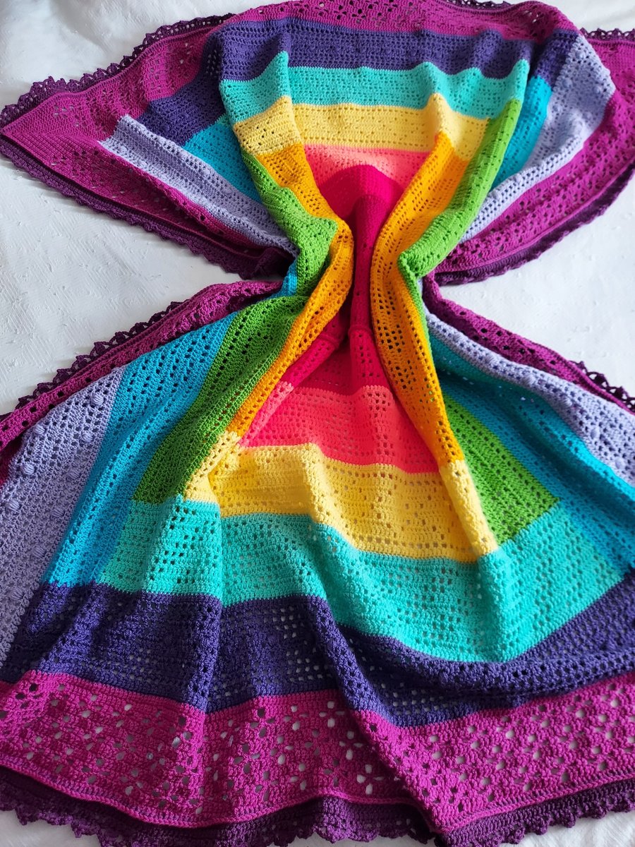 Handmade Crochet Blanket Rainbow 70" x 70"