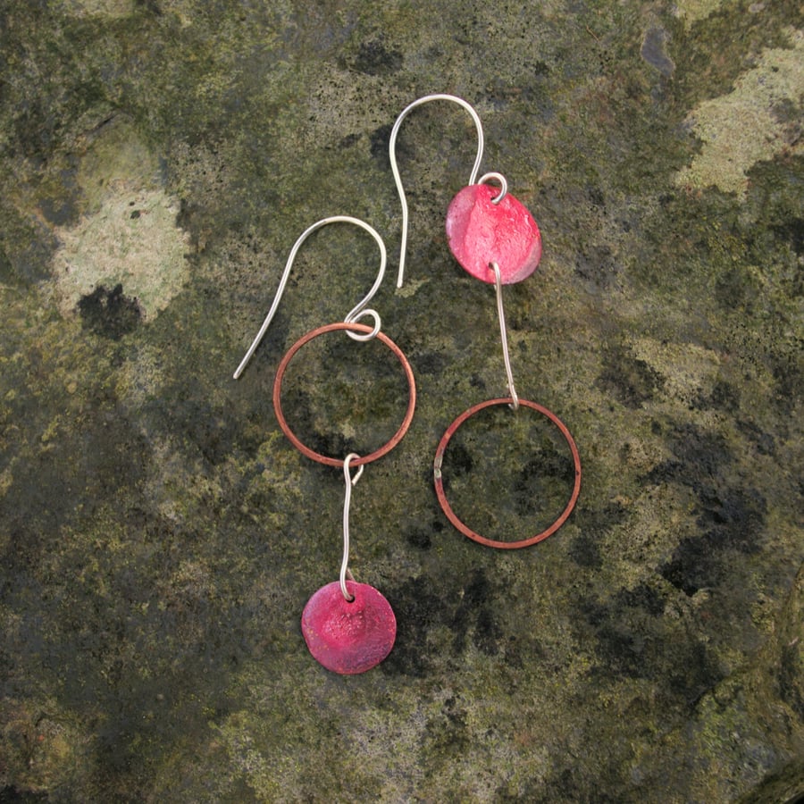 Mismatched Red Copper Circles Earrings