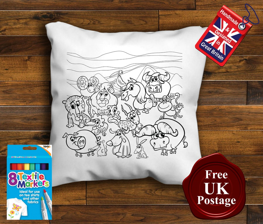 Animals Colouring Cushion Cover With or Without Fabric Pens Choose Your Size