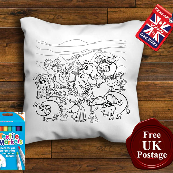 Animals Colouring Cushion Cover With or Without Fabric Pens Choose Your Size