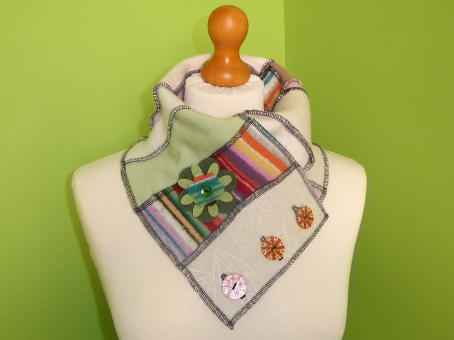 Neck Warmer Scarf with 3 button Trim. Upcycled Cowl. Felt Flower.Cream and Green
