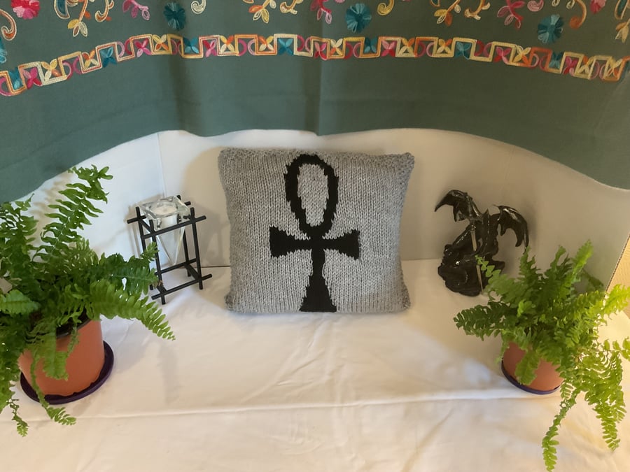 Lovely Hand Knitted Pagan Symbol Cushion Depicting the “Ankh” 14 x 14”