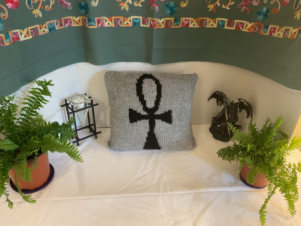 Lovely Hand Knitted Pagan Symbol Cushion Depicting the “Ankh” 14 x 14”