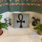 Lovely Hand Knitted Pagan Symbol Cushion Depicting the “Ankh” 14 x 14”