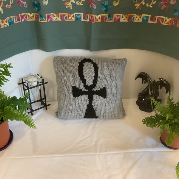 Lovely Hand Knitted Pagan Symbol Cushion Depicting the “Ankh” 14 x 14”