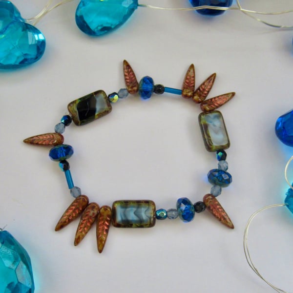 'Beneath the Waves' unique Czech-Glass bead stretch bracelet