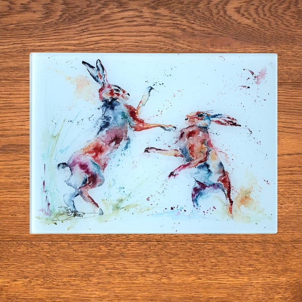 Boxing Hares Glass Placemat, Wildlife Design Table Mat, Glass Trivet, Hot Plate,
