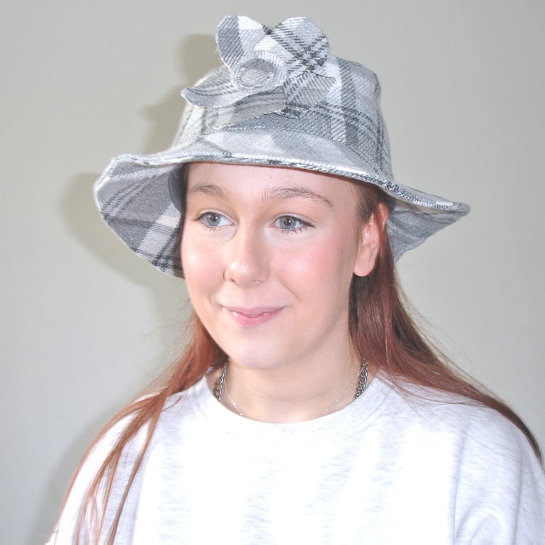 Tartan Bucket Hat Grey Check Warm Wool Feel With Corsage