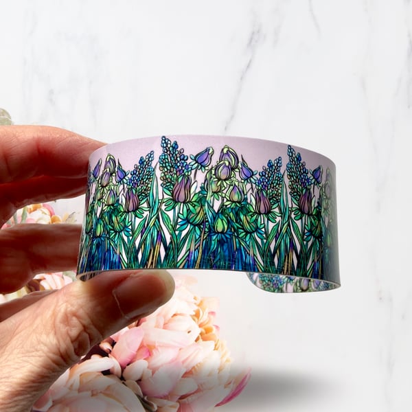 SALE floral wide cuff bracelet, purple flowers metal bangle. Perfectly imperfect