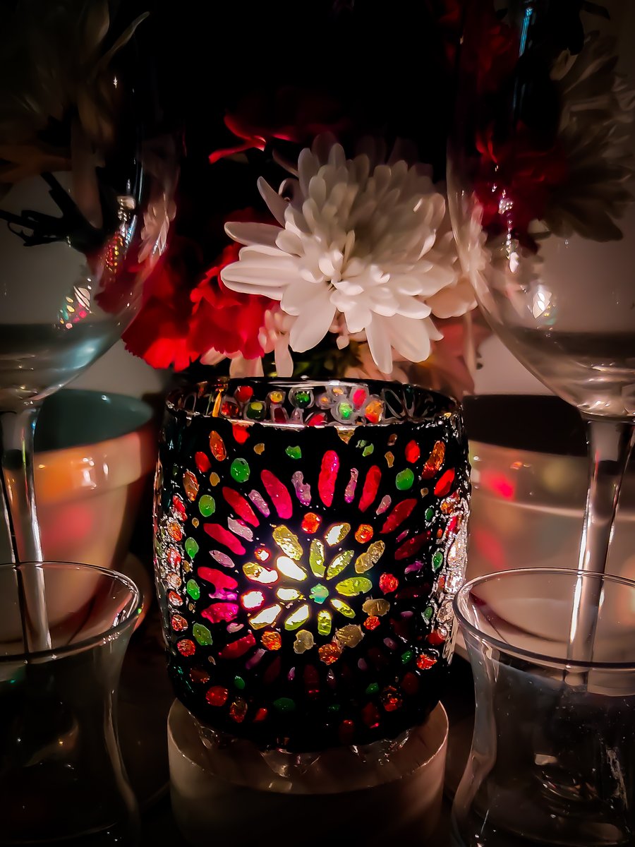 Handmade stained glass painted glass candle holder with Moroccan pattern 