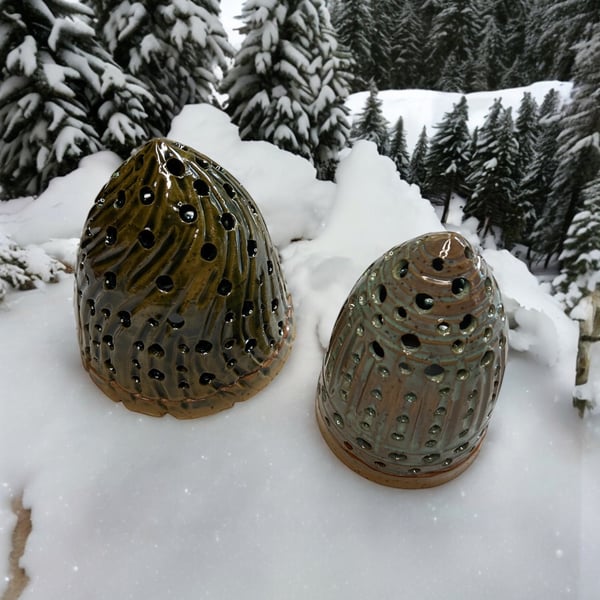 Set of 2 hand crafted Christmas tree t-light holders