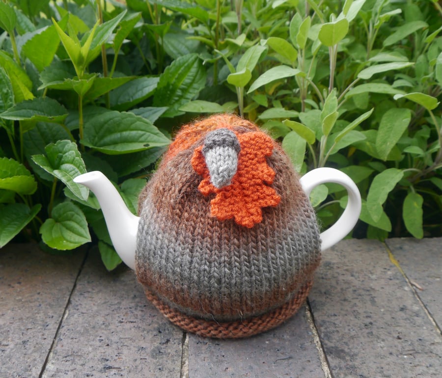 Wool Autumnal Tea Cosy, Autumn Oak Leaf Teapot Cozy