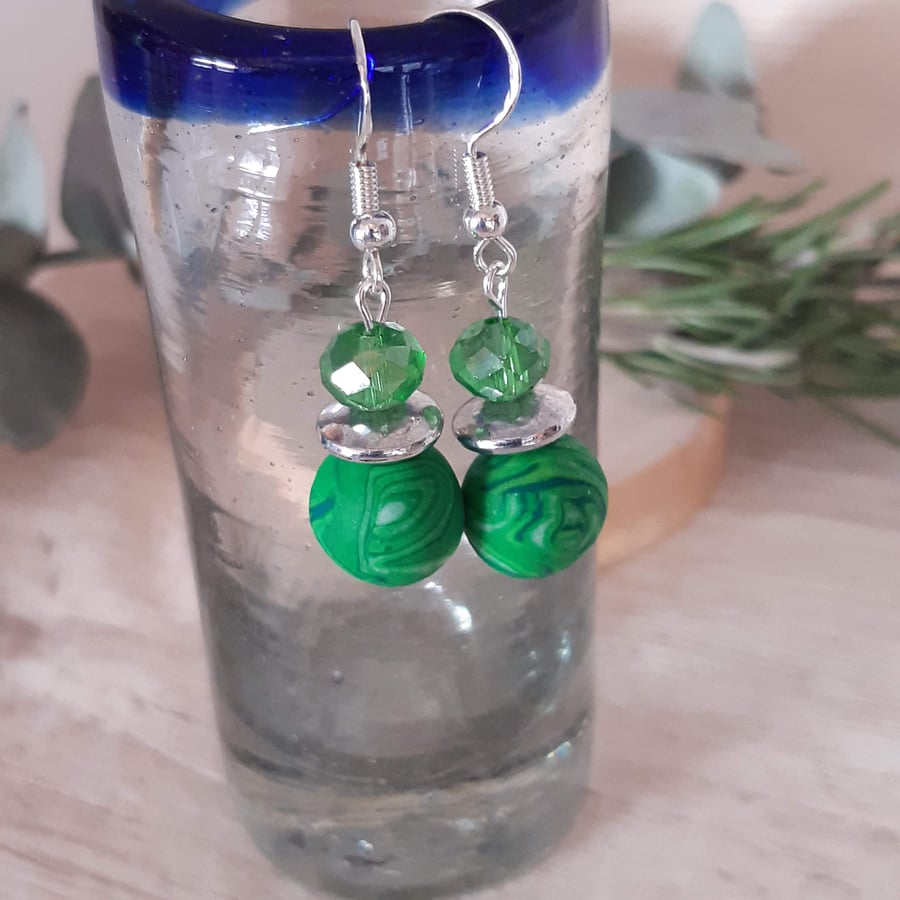 Handmade Dangly Polymer Clay Earrings – Bright Green and Silver 