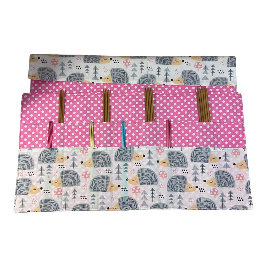 Double pointed case with hedgehogs, DPN knitting needle case, crochet hook case,