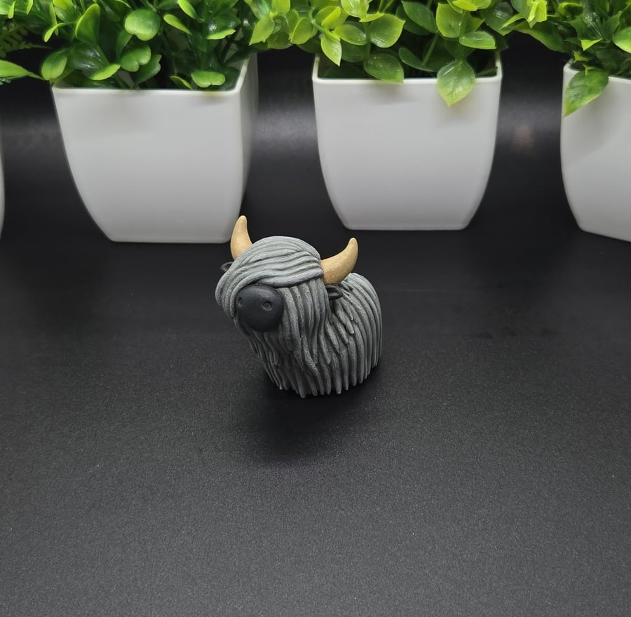 Grey Highland Cow, Polymer Clay