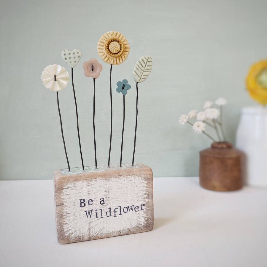 Clay and Button Flower Garden in a Wood Block 'Be a Wildflower'