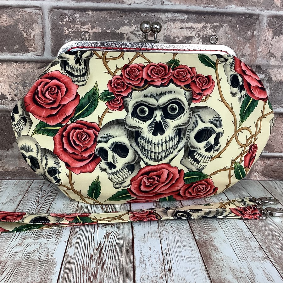 Gothic Roses skulls medium fabric frame clutch handbag, Kiss clasp
