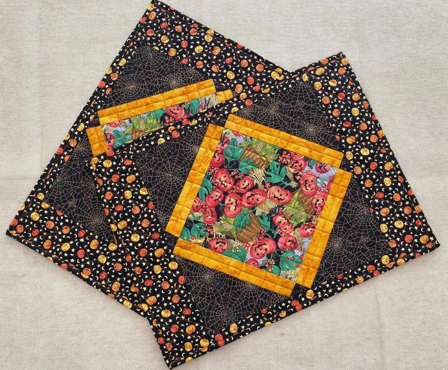 Halloween Pumpkin Placemats Set of 2 Quilted Cotton Table Mats Handmade