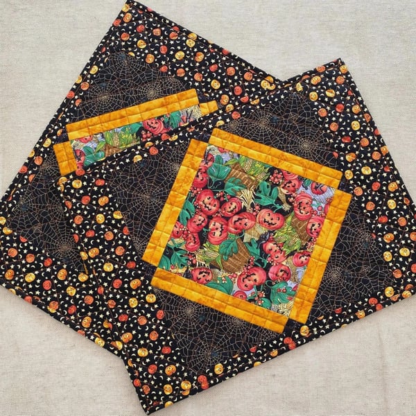 Halloween Pumpkin Placemats Set of 2 Quilted Cotton Table Mats Handmade