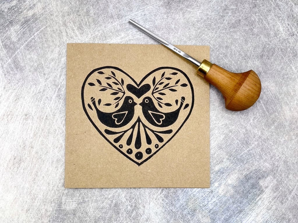 Love Birds Lino Print Card - Kraft