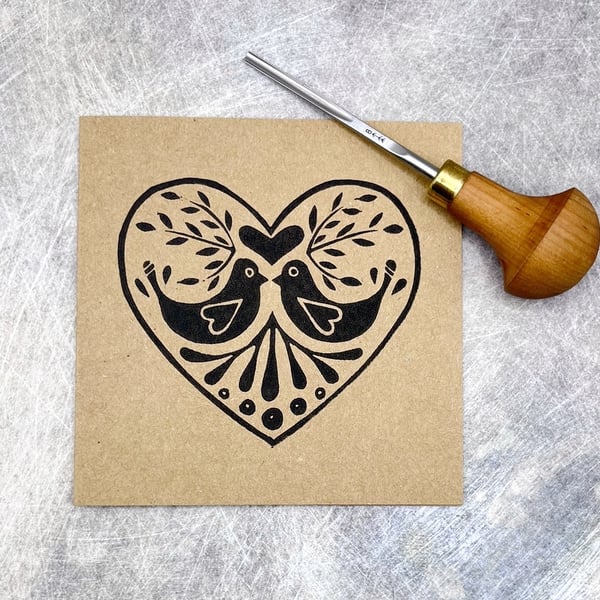 Love Birds Lino Print Card - Kraft