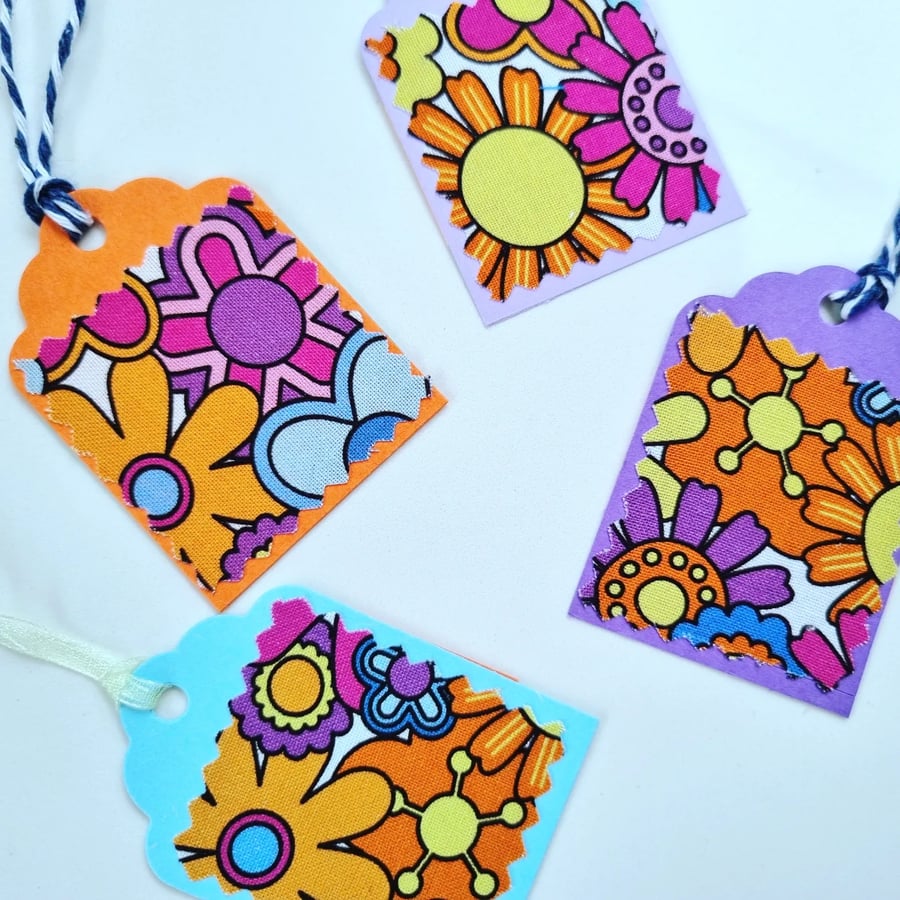 Retro Floral Fabric and Mixed Colour Gift Tag, Blank, pack of 4.