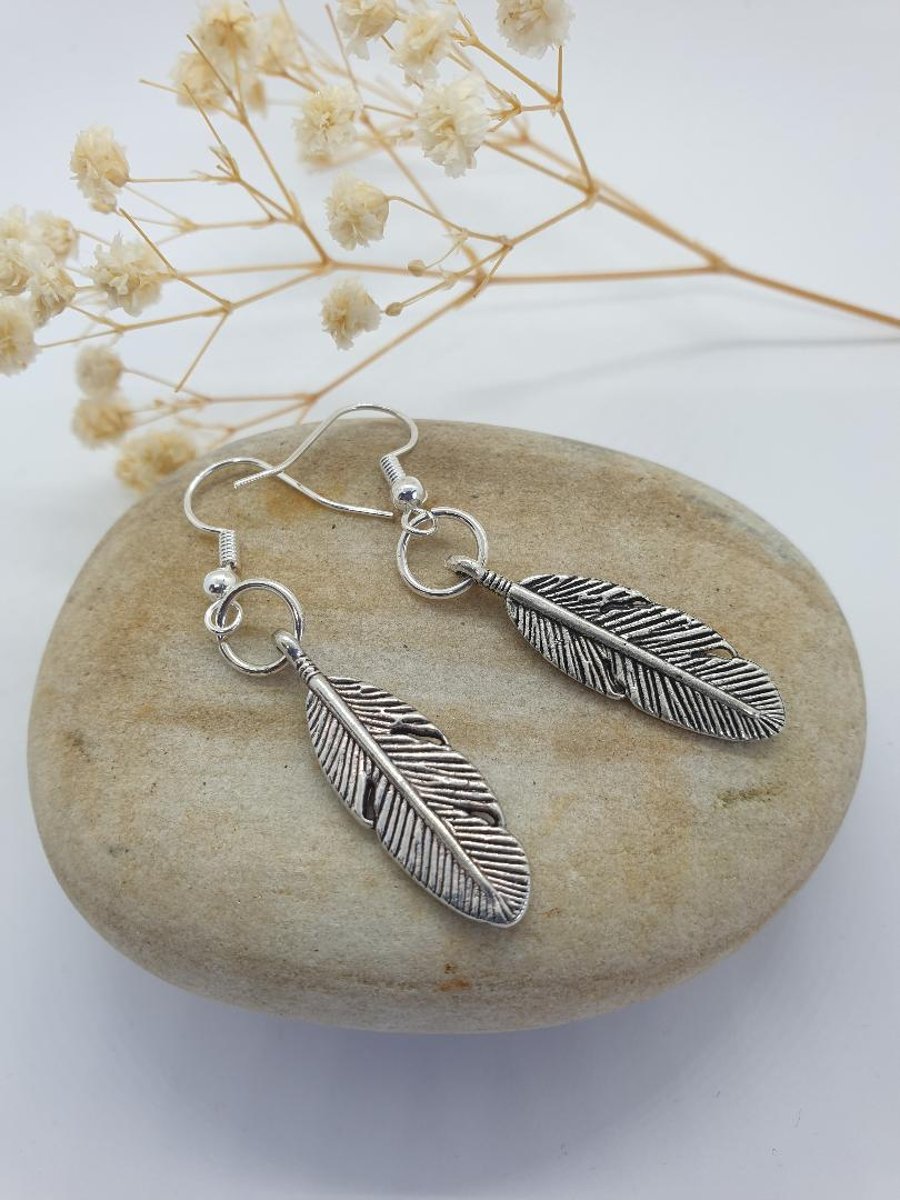 silver feather earrings silver plate earrings angel feather peace boho