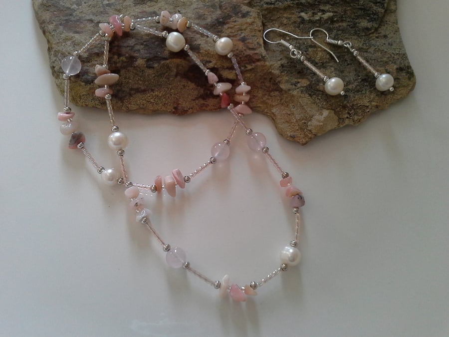 Rose Quartz, Pink Opal , Shell Pearl Set Silver Plated