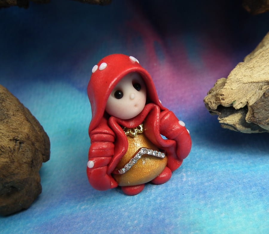 Tiny Toadstool Gnome with fly agaric robes 'Glimma' OOAK Sculpt by Ann Galvin