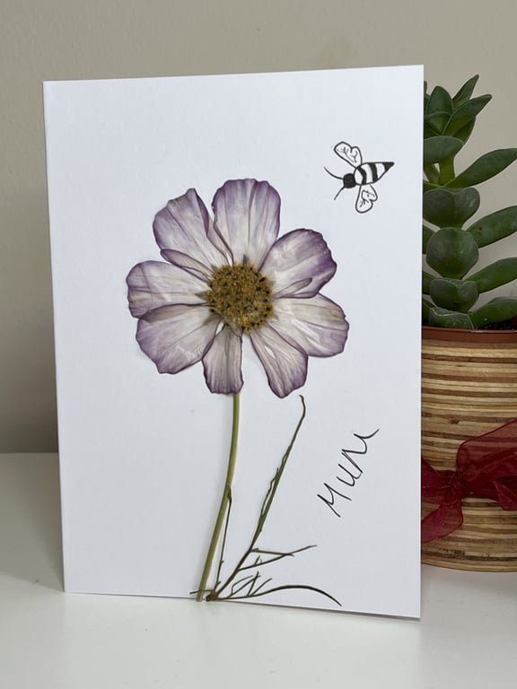 Handmade Real Pressed Flower and Hand Drawn Bee Greeting Card,