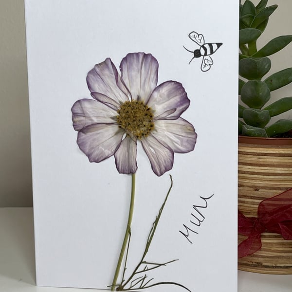 Handmade Real Pressed Flower and Hand Drawn Bee Greeting Card,